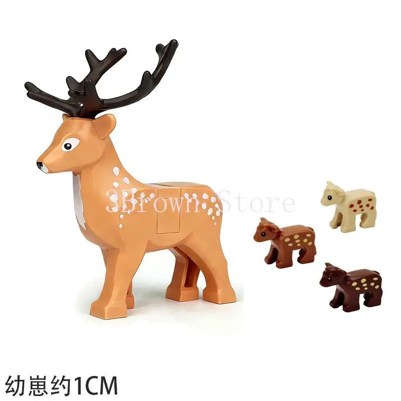 A set of six wooden building blocks depicting African wildlife animals, including a deer with antlers.