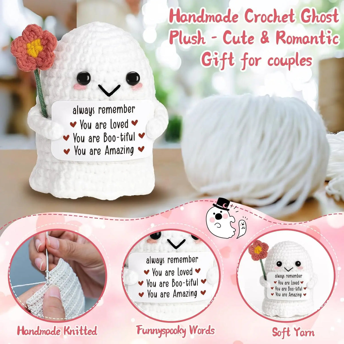 Handmade crochet ghost plush in white with a heart card, featuring funny spooky words for couples.