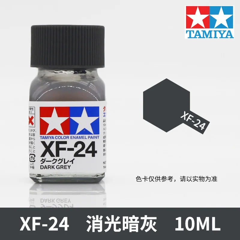 Tamiya XF-24 Dark Grey enamel paint in a glass bottle, labeled for model building.