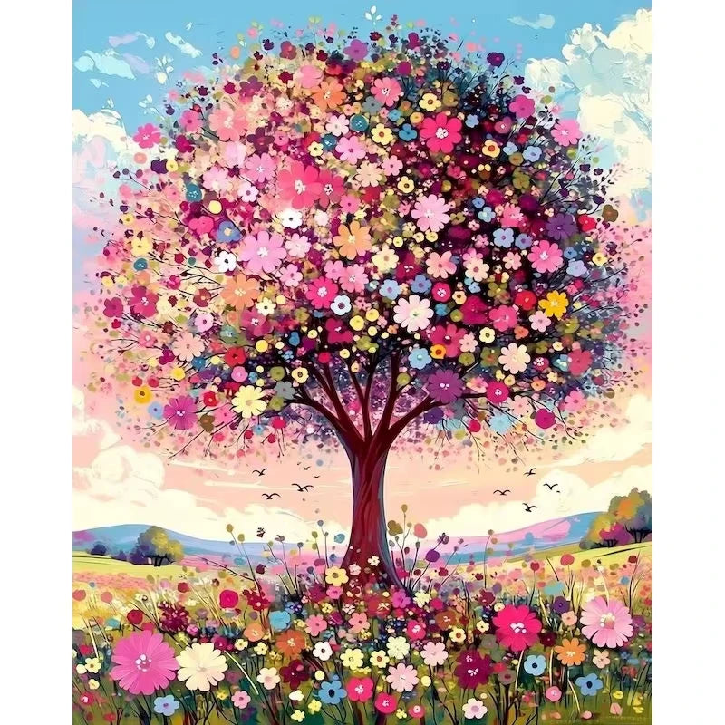 A vibrant blooming tree covered in colorful pink, purple, and yellow flowers against a soft sky.