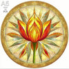 A circular wooden puzzle featuring a stylized lotus flower design.