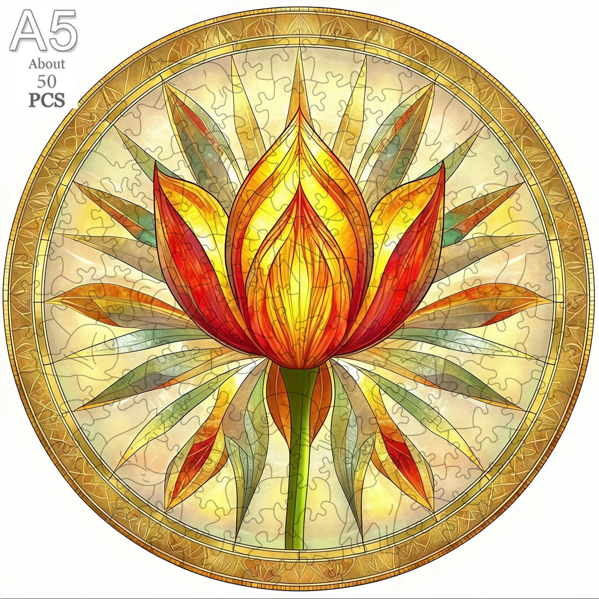 A circular wooden puzzle featuring a stylized lotus flower design.