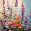 A painting of purple and pink lavender flowers against a light blue sky.