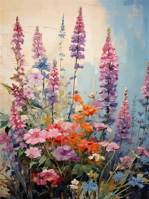 A painting of purple and pink lavender flowers against a light blue sky.