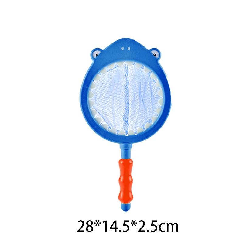Blue turtle bath toy with a fishing net and orange handle