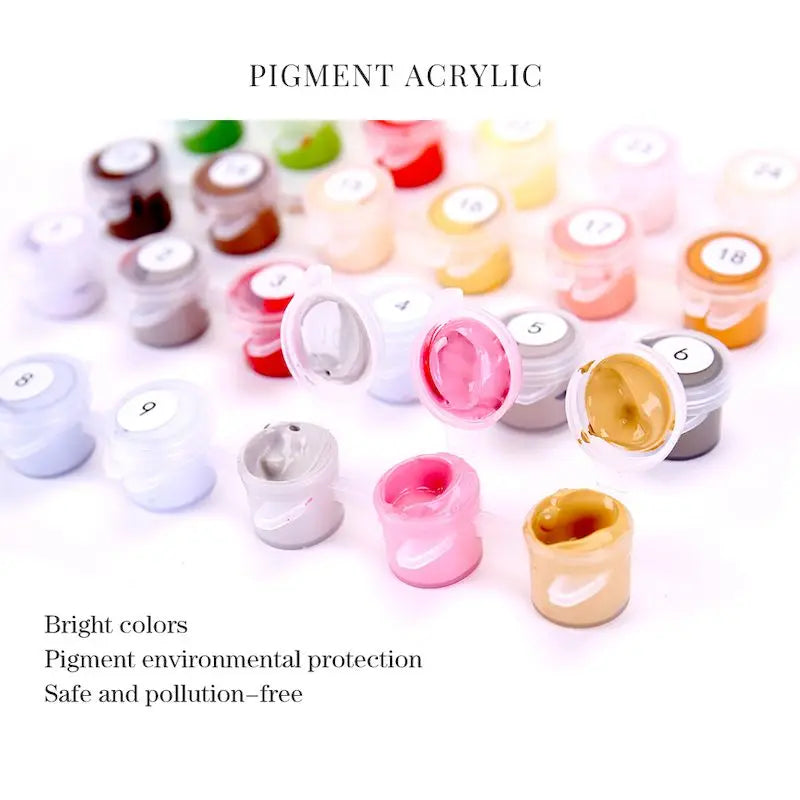 A collection of pigment acrylic paint pots in various bright colors arranged on a white background.