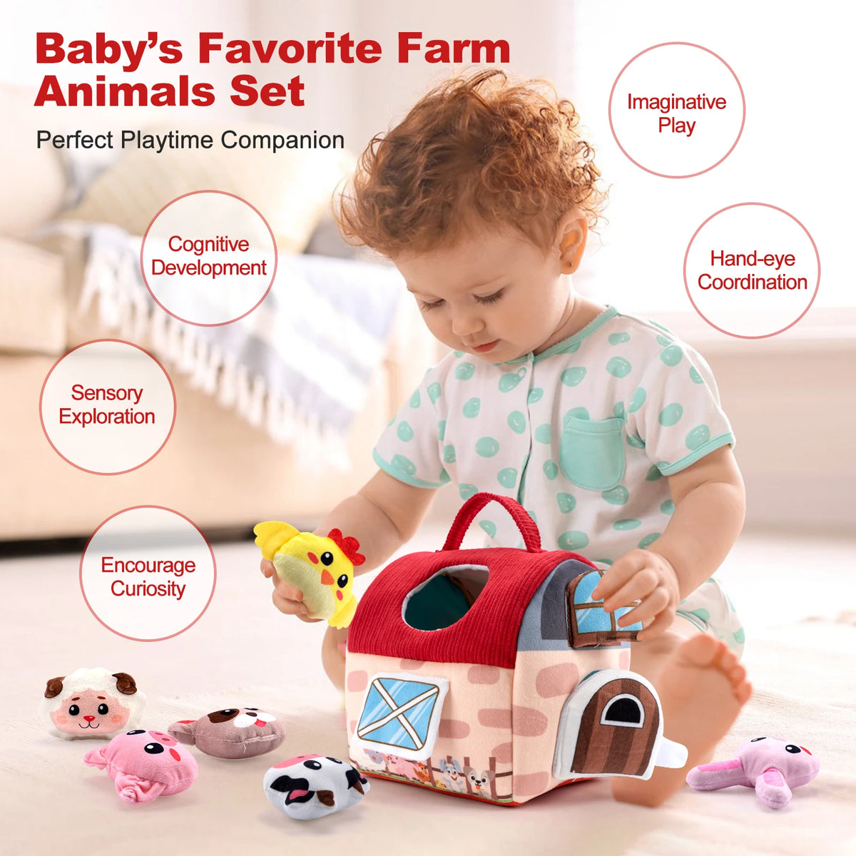 A baby is playing with a red wooden farm animal toy set featuring various soft plush animals for cognitive and sensory develo