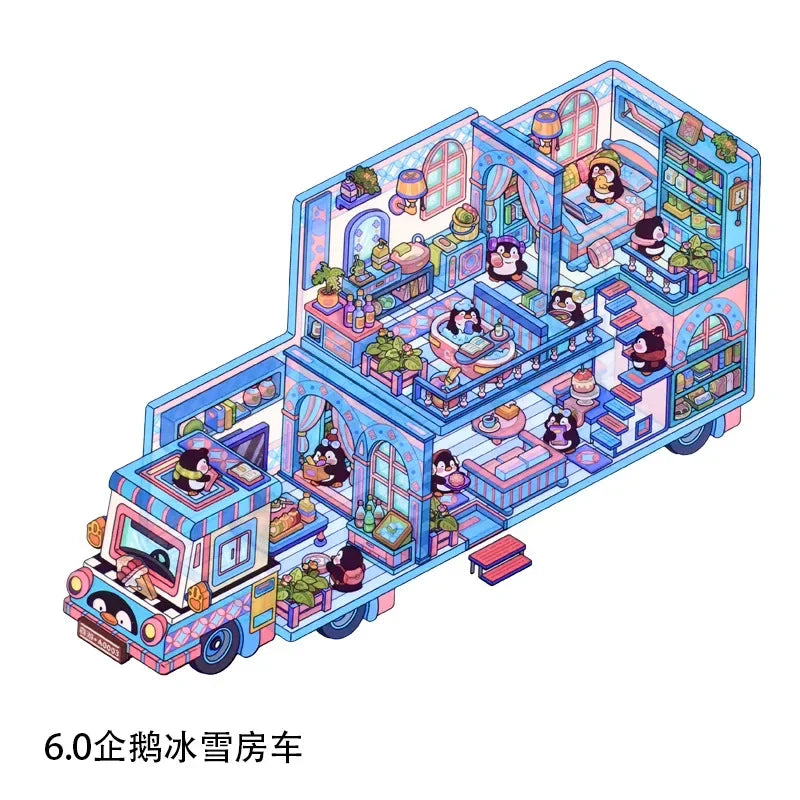 A colorful illustration of a whimsical cartoon penguin and dog RV scene sticker pack.