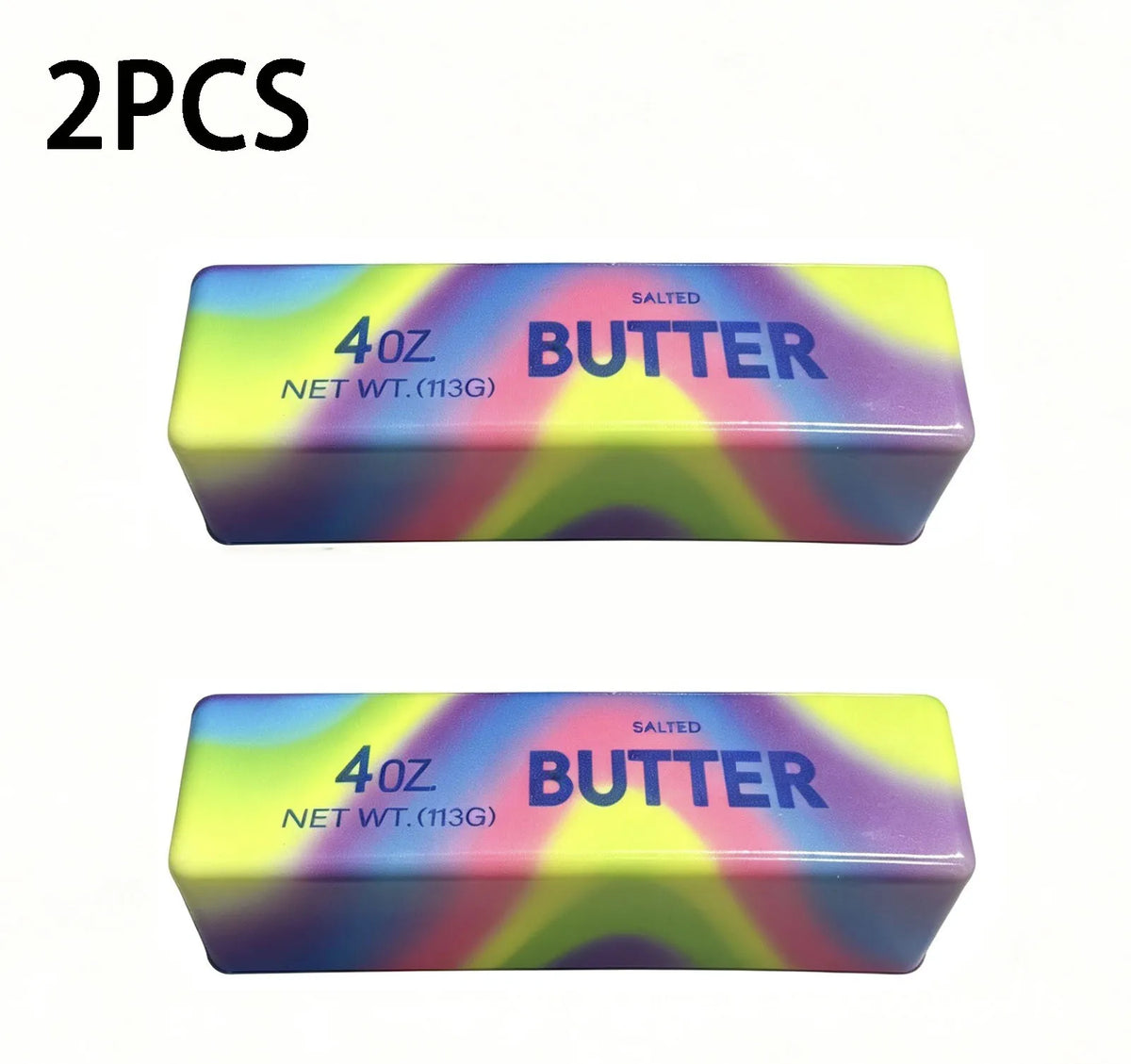 Two salted butter stick squishy toys in purple and yellow gradient colors.