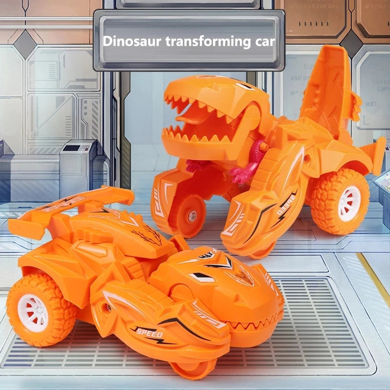 An orange dinosaur transforming car toy is displayed on a surface with a digital background.