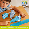 A child points to a blue plastic shark toy in a set of 8 for early math and measurement skills.
