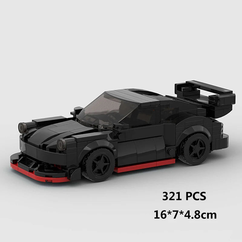 A black classic rally car building block set with red accents shown from the side.