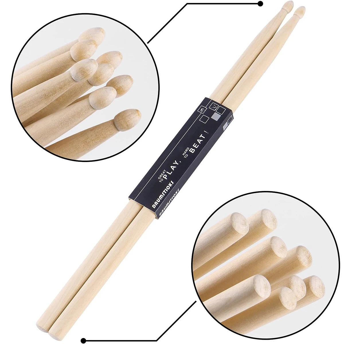 A set of premium maple drumsticks for jazz and percussion, shown with an inset of the sticks.