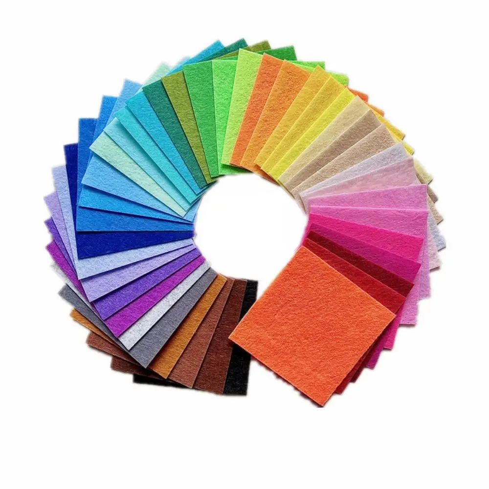A colorful fan of vibrant felt fabric sheets in various shades of green, blue, yellow, orange, and pink.