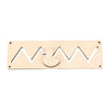 A light wood Montessori busy board with a wavy cutout and a small figure for sensory learning.