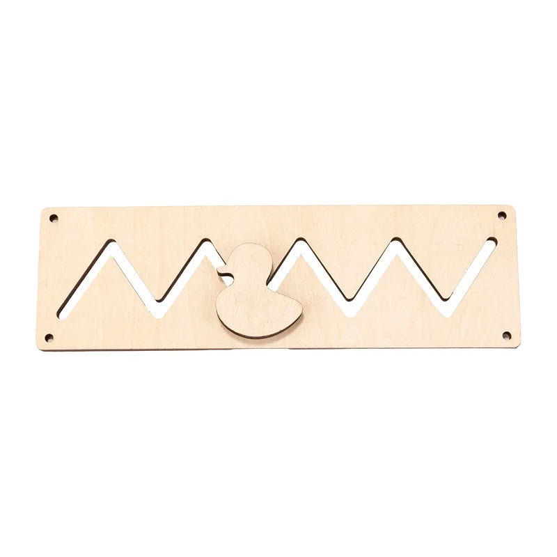 A light wood Montessori busy board with a wavy cutout and a small figure for sensory learning.
