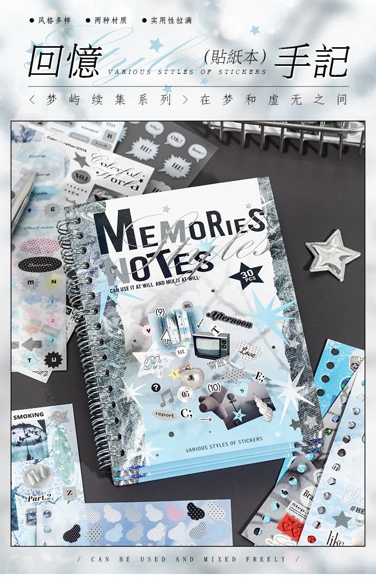 A collection of various cute stickers and notes for journaling and DIY crafts displayed on a spiral-bound notebook.