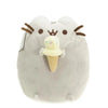 A soft gray plush cat toy with brown whiskers and a yellow ice cream cone accessory.