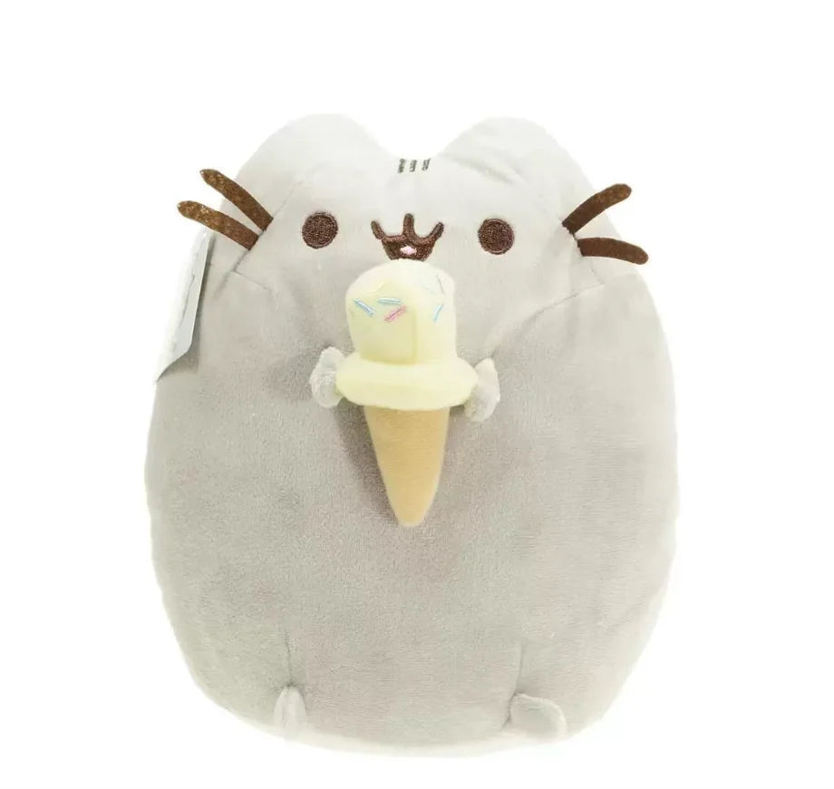 A soft gray plush cat toy with brown whiskers and a yellow ice cream cone accessory.