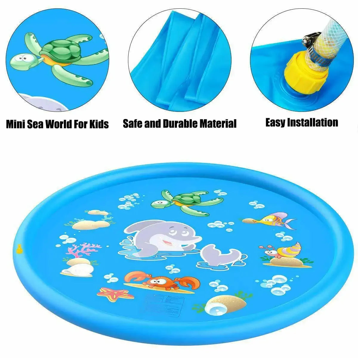 Blue inflatable kids water splash pad play mat with various sea animals