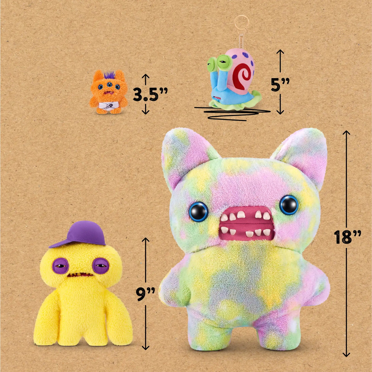 A large, fluffy yellow and pink monster plush toy with large eyes and teeth is shown next to a small rabbit-themed keychain.