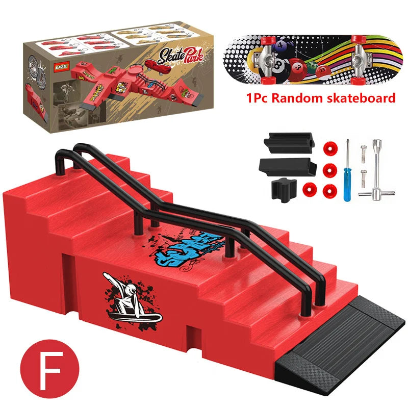 A red skateboard park set featuring ramps, rails, and a 1pc random skateboard with accessories.
