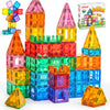A collection of 110 magnetic building tiles in various colors and shapes forming a castle structure.