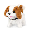 A white and brown plush puppy toy with floppy ears and a black collar.