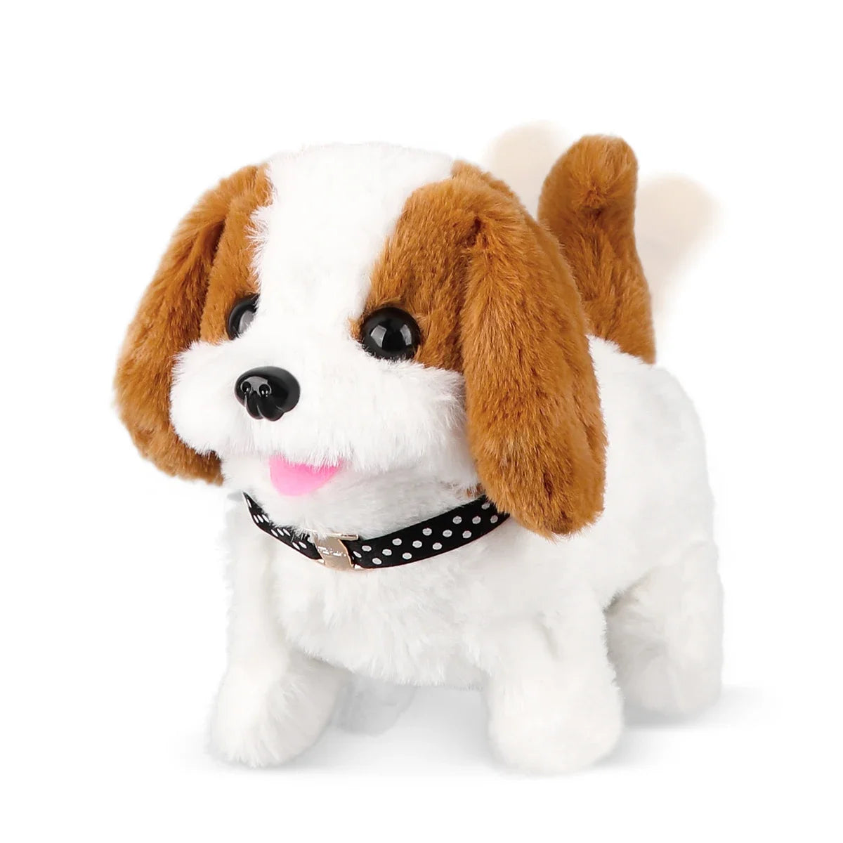 A white and brown plush puppy toy with floppy ears and a black collar.
