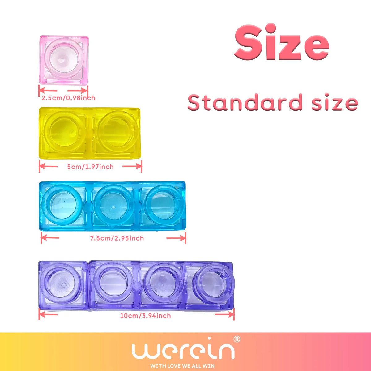 A set of five colored jelly building blocks in various sizes, including pink, yellow, blue, and purple.