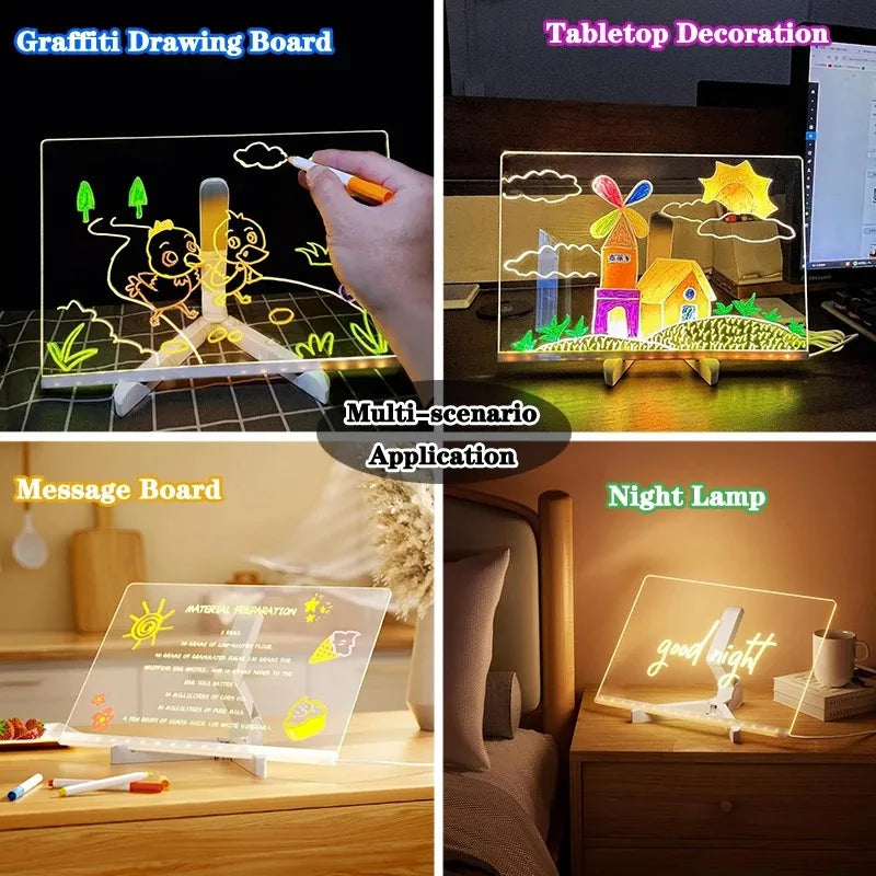 A collection of glowing LED message boards including a Graffiti Drawing Board, Tabletop Decoration, Message Board, and Night 
