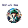 A circular plate featuring an anime character, likely from a hero theme, used for birthday party decoration.