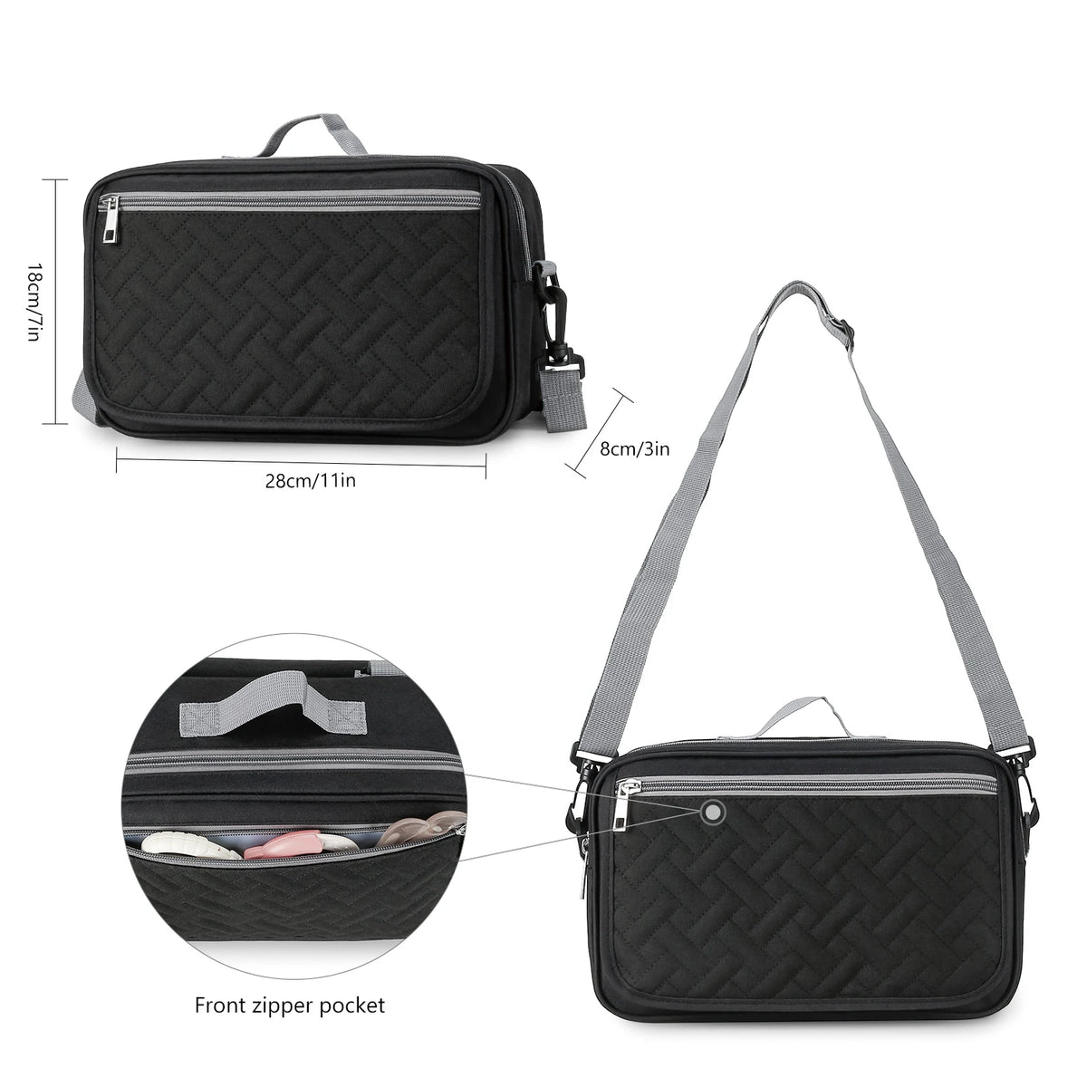 A black portable diaper bag with a quilted pattern shown from the front and side views.