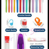 A collection of crochet and knitting tools including needles, a marking buckle, a counter, a measuring tape, and a syringe.