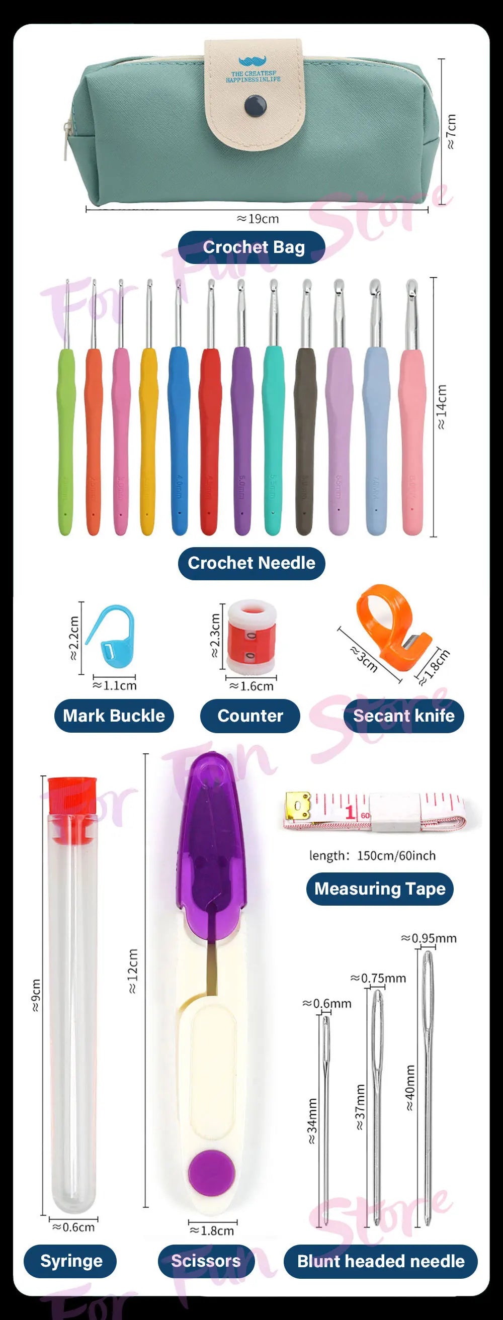 A collection of crochet and knitting tools including needles, a marking buckle, a counter, a measuring tape, and a syringe.