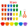 A set of 32 colorful counting bears with corresponding sorting cups and tweezers for Montessori learning.