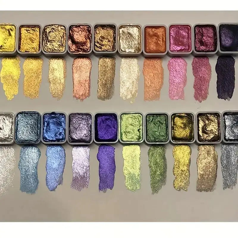 A row of 20 metal watercolor paint colors with pearl finish arranged in small square pots.