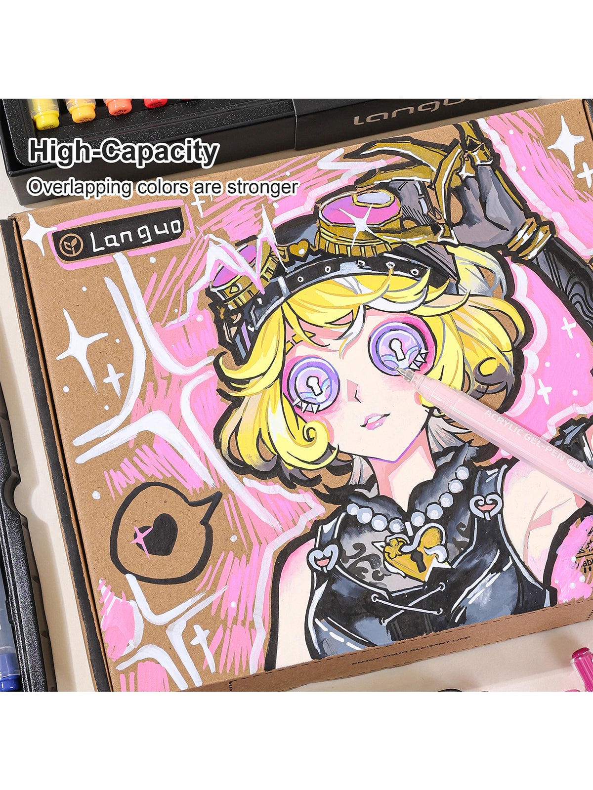 A box of Languo acrylic gel pens featuring a drawing of an anime-style girl with gold armor and pink background.