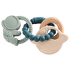 Food-grade silicone planet teether for babies in shades of green, blue, and natural wood tones