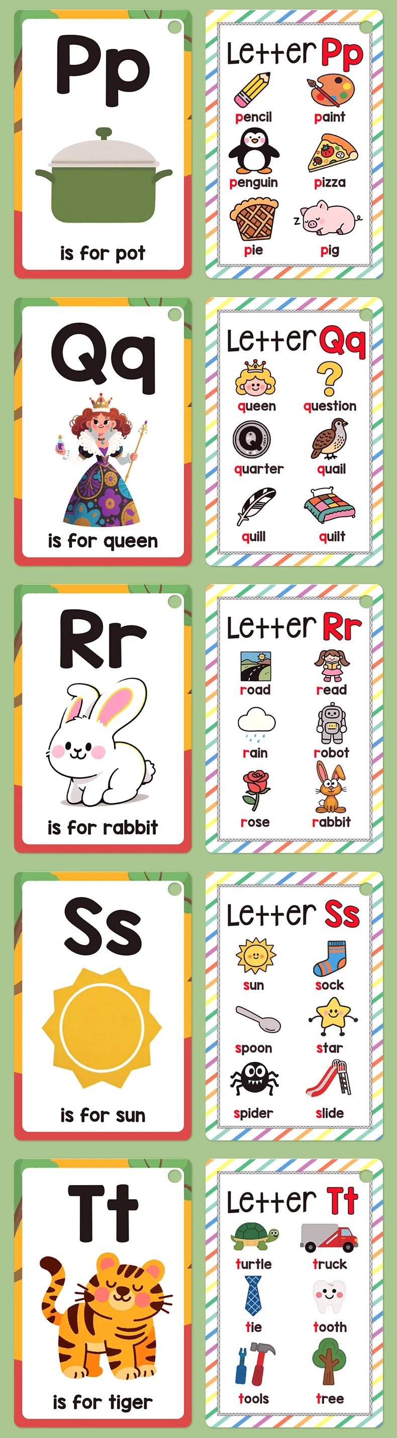 Lernkarten mit den Buchstaben Pp, Qq, Rr, Ss, tt und zugehörigen Bildern für das frühkindliche Lernen.
