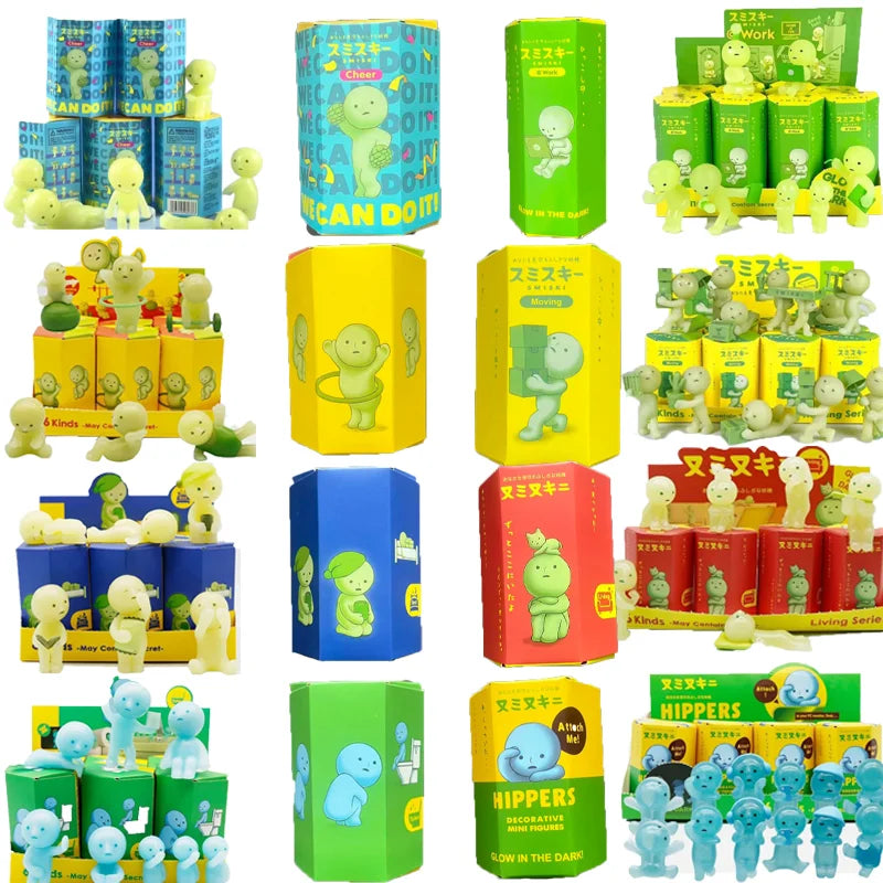 A collection of glow-in-the-dark blind box toys featuring various characters and animals in colorful packaging.