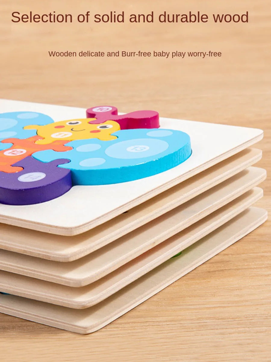 Stack of wooden puzzle pieces shaped like cartoon dinosaurs and other animals for baby play