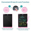 A pink 8.5-inch LCD writing tablet for kids demonstrating a convenient erase and lock function.