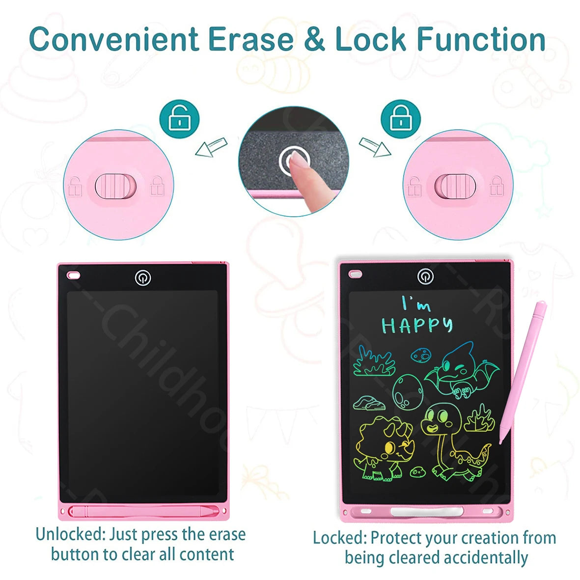A pink 8.5-inch LCD writing tablet for kids demonstrating a convenient erase and lock function.