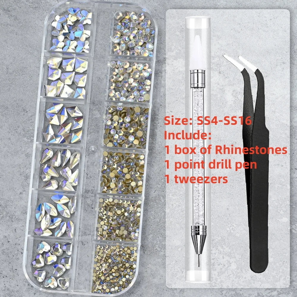 A clear plastic kit containing various sizes of rhinestones, a point drill pen, and tweezers for nail art.