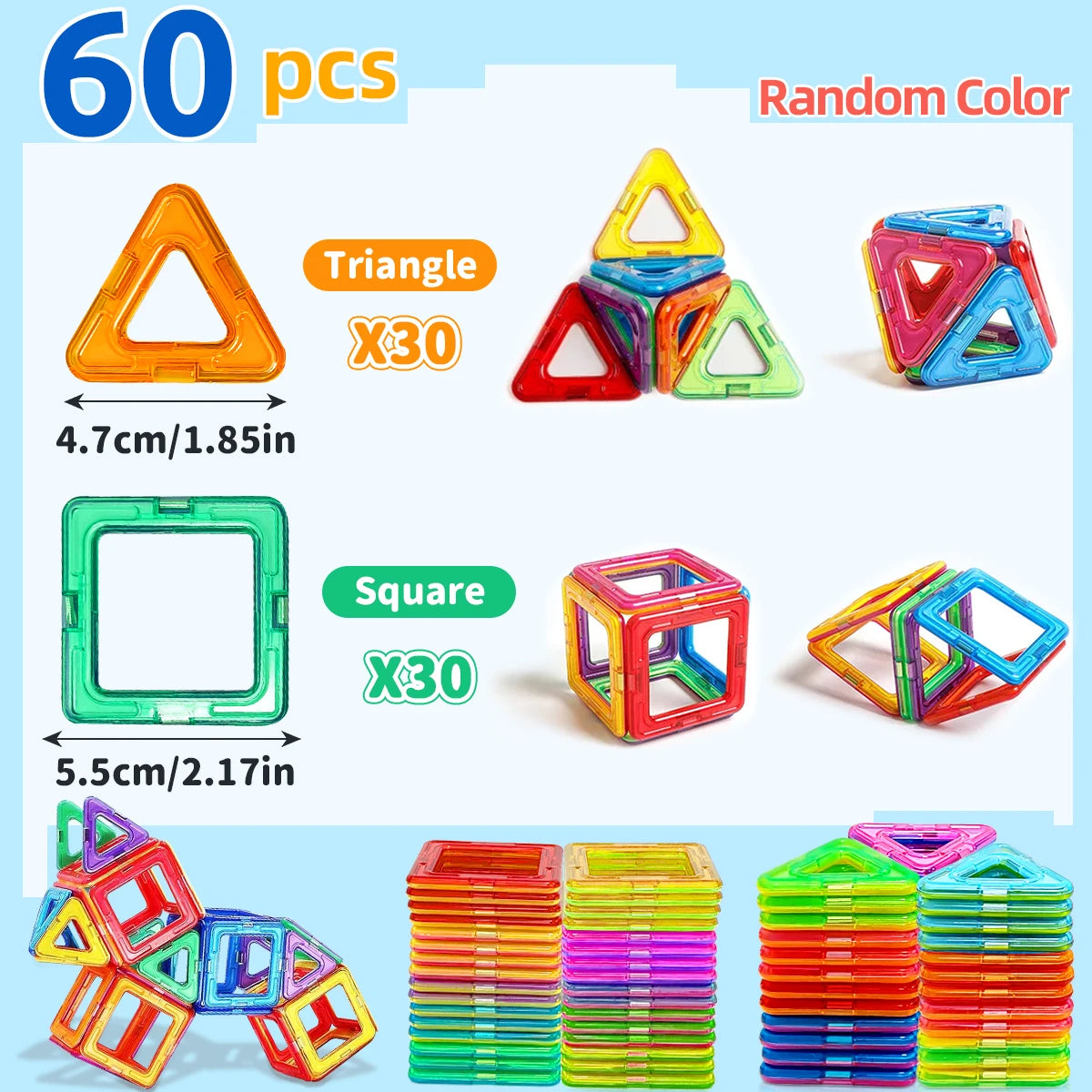 A set of 60 magnetic building blocks including triangles and squares in various colors for STEM learning.