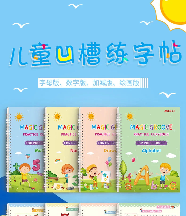 A set of reusable Magic Copybooks for early writing skills featuring various alphabet and number practice books.