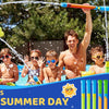 A man and children are playing outdoors with ZenriKony water guns spraying water in a sunny setting.