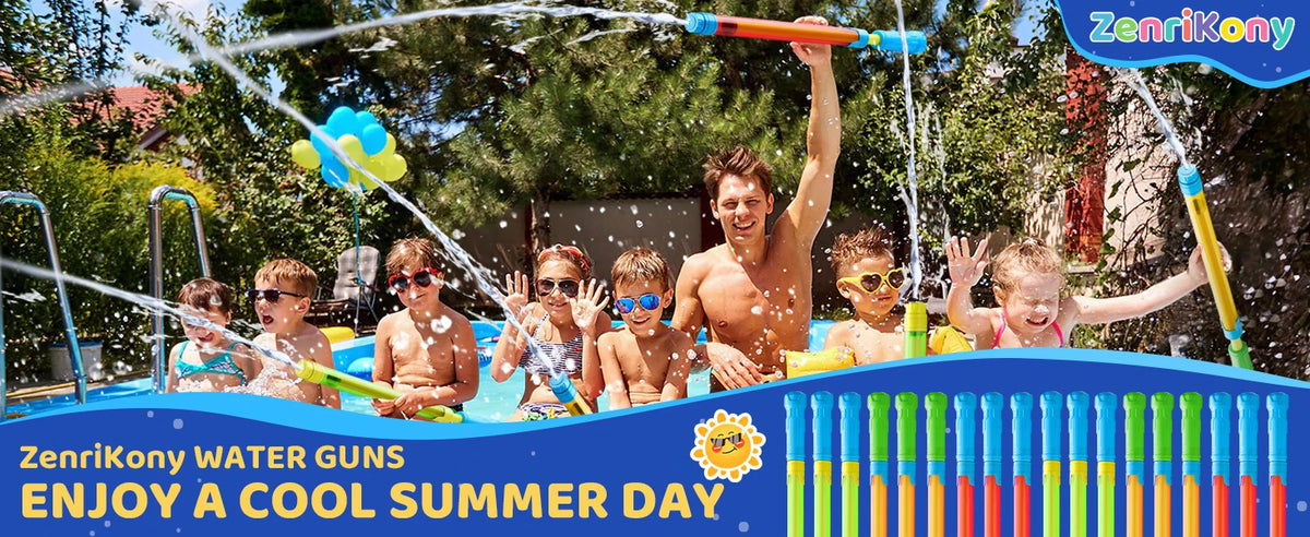 A man and children are playing outdoors with ZenriKony water guns spraying water in a sunny setting.
