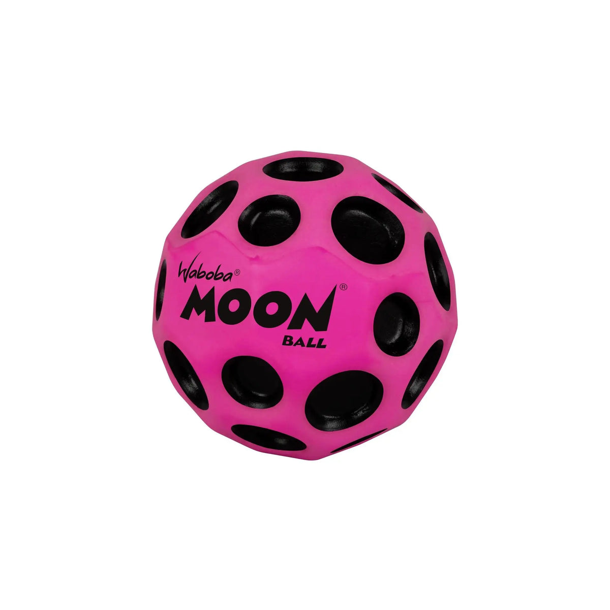 A bright pink foam ball with black polka dots, labeled Moon Ball.